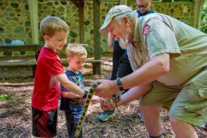 Young children touching a snake held by a volunteer