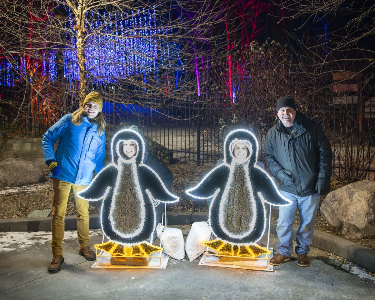 Group of adults posing with penguin selfie cutouts