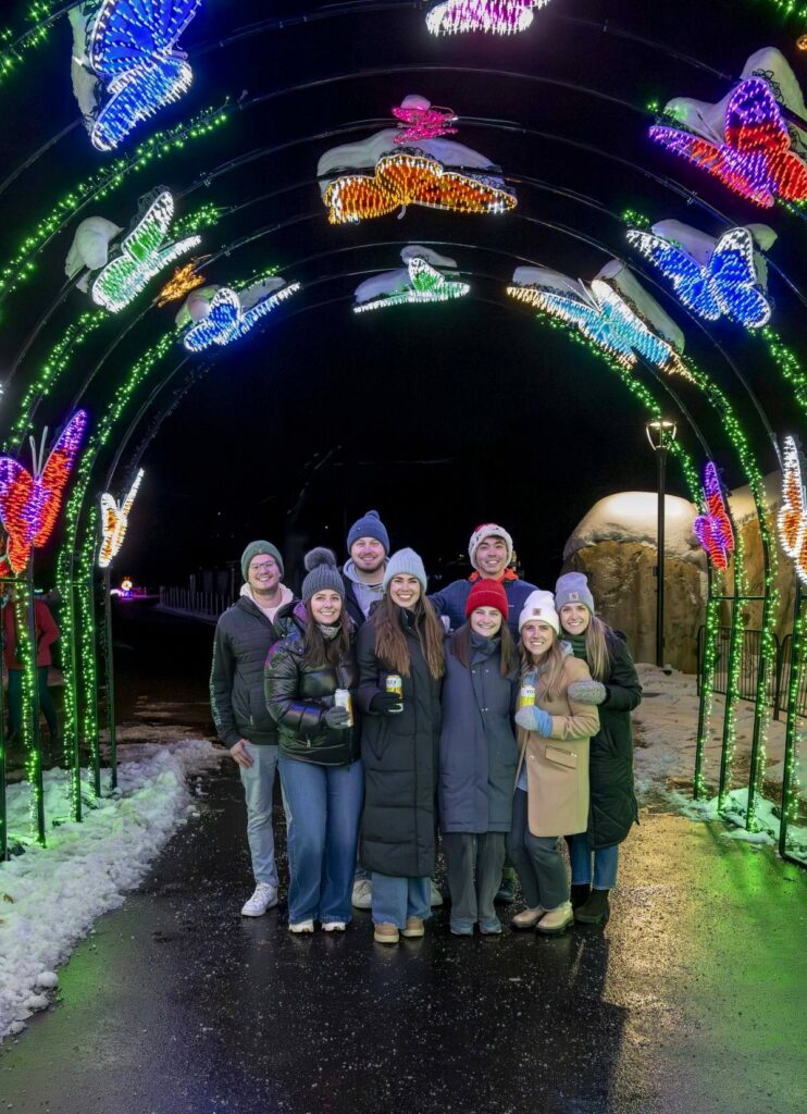 Group of young adults standing under a holiday lights display