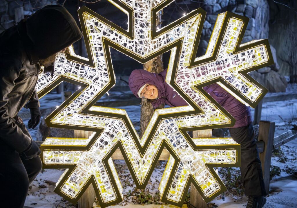 Young girl smiling for a photo in front of a large decorative snowflake