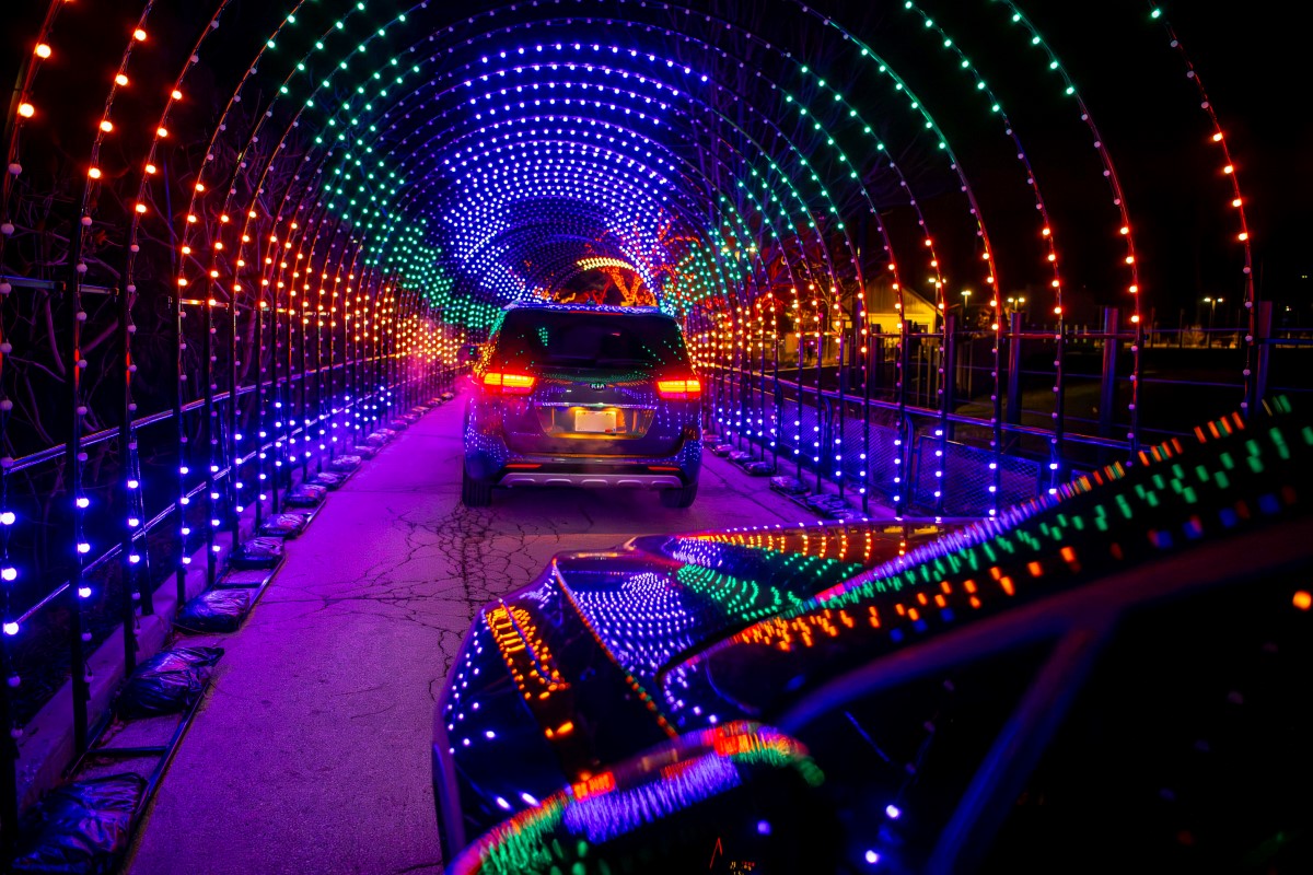 Cars driving through a lit decorative tunnel