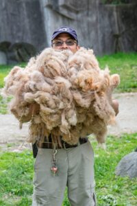 Zookeeper Jonathan holding a giant armful of camel hair
